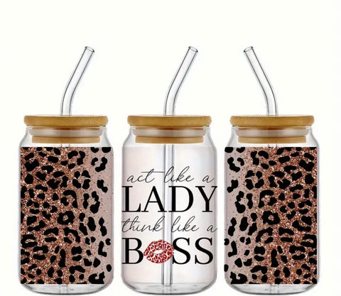 Act Like a Lady Think Like a Boss Cheetah Print Glass Tumbler