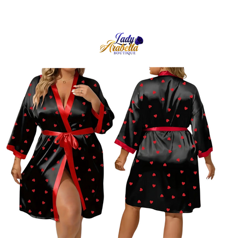 Satin Robe Black with Red Hearts