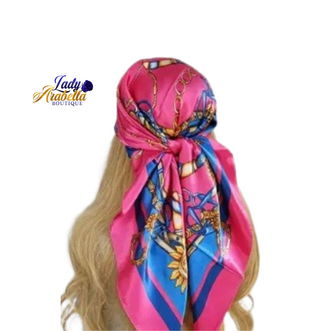 Vibrant Pink & Royal Blue Floral Chain Satin Scarf