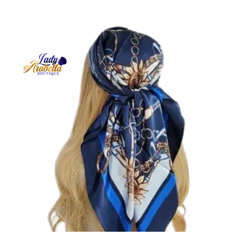 Royal Blue Floral & Chain Print Satin Scarf