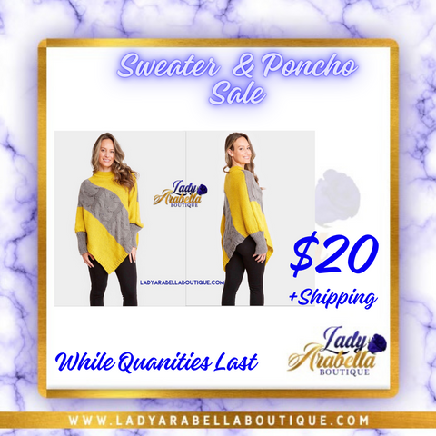 Yellow & Gray Sweater Poncho with Sleeves